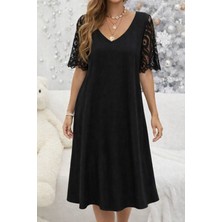 Bi Baksana Kadın Kısa Dantel Kollu V Yakalı Midi Viskon Elbise