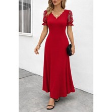 Infivento Kadın Kısa Kollu V Yakalı Uzun Janjan Elbise