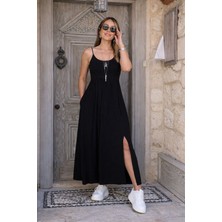 Meğdaix Kadın Ip Askılı Yuvarlak Yakalı Önden Yırtmaçlı Cep Detaylı Uzun Viskon Elbise