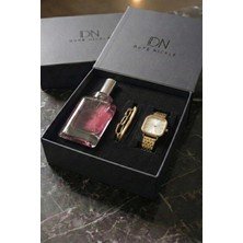 Duke Nickle Bileklikli Altın Metal Kordon Kare Kadın Kol Saati Parfüm Kutulu Hediye Seti