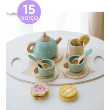 Nilberry Ahşap Çay ve Kurabiye Seti Yeşil Evcilik Oyuncağı - Montessori Eğitici Oyuncak - Doğal Ahşap Çay ve Pasta Seti