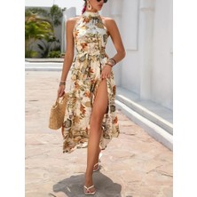 Serac Collection Kadın Omuzlardan Açık Halter Yakalı Yırtmaçlı Çiçek Desenli Süprem Elbise