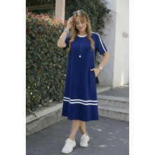 Serac Collection Kadın Kısa Kollu Bisiklet Yaka Şerit Detaylı Midi Viskon Elbise