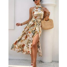 Gacha Kadın Omuzlardan Açık Halter Yakalı Yırtmaçlı Çiçek Desenli Süprem Elbise