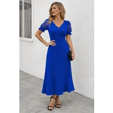 Deridün Yıldız Shoes Kadın Kısa Kollu V Yakalı Uzun Janjan Elbise