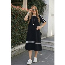 Nnstartshopping  Kadın Kısa Kollu Bisiklet Yaka Şerit Detaylı Midi Viskon Elbise