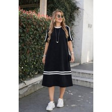 Infivento Kadın Kısa Kollu Bisiklet Yaka Şerit Detaylı Midi Viskon Elbise