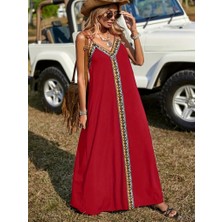 Serac Collection Kadın Askılı V Yakalı Etnik Şerit Detaylı Uzun Viskon Elbise