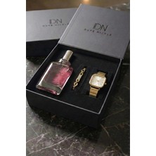 Duke Nickle Zincir Bileklikli Altın Metal Kordon Kare Kadın Kol Saati Parfüm Kutulu Hediye Seti