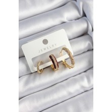 Kuşkaya Ticaret Pirinç Zirkon Taşlı Bordo Halka Model Gold Renk 3'lü Çift Kadın Küpe Set
