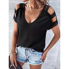 Evyora Kadın Kısa Kollu V Yakalı Şerit Detaylı Viskon Bluz