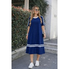 Deridün Yıldız Shoes Kadın Kısa Kollu Bisiklet Yaka Şerit Detaylı Midi Viskon Elbise