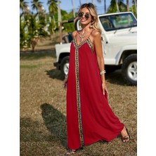 Gacha Kadın Askılı V Yakalı Etnik Şerit Detaylı Uzun Viskon Elbise