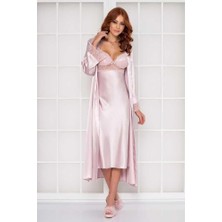 Pierre Cardin Pudra Uzun Saten Sabahlık Gecelik Set 4370