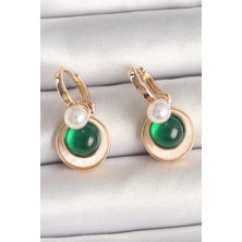 Pazarcan Pirinç Gold Renk Beyaz Yeşil Sallantı Mineli Kadın Küpe