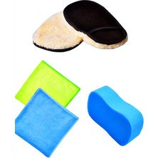 Delixa 4’lü Araç Temizlik Bakım Seti, 2’ Mikrofiber Bez + Yün Polisaj Eldiveni + Araç Yıkama Süngeri, Çizme