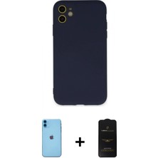 Marsilyan™- iPhone 11 Kılıf Ahenk Serisi - Siyah 6d Antistatik Mat Seramik Hayalet Nano Ekran Koruyucu + Mavi Neon Fosforlu Kamera Lens