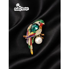 Punky Store Renkli Kuş Figürlü Inci Detaylı Taşlı Broş Vintage Yaka Aksesuarı
