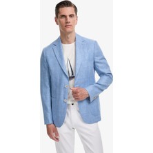 Cacharel Erkek Mavi Slim Fit Yün Keten Karışımlı Mikro Desen Mono Yaka Ceket 50319429-VR036