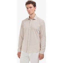 Pierre Cardin Erkek Bej Keten Karışımlı Regular Fit Çizgili Kısa Kollu Gömlek 50325330-VR011