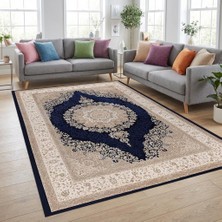 Carpettex Klasik Madalyonlu Lacivert Krem Halı – Zarif Desenli, Şık ve Zamansız Tasarım Dijital Baskı Halı 6-7