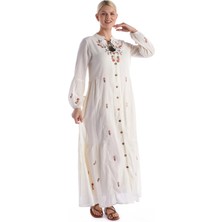 Newbutix Uzun Kol Krem Nakışlı Püskül Bağcıklı Hakim Yaka Yazlık Şile Bezi Uzun Elbise