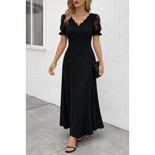 Livizmir Moda Kadın Kısa Kollu V Yakalı Uzun Janjan Elbise