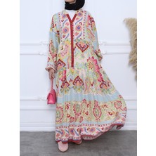 Moda Morfo Parça Kumaş Sulu Desen Patlı Elbise -Pembe