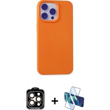 Marsilyan™- iPhone 15 Pro Max Kılıf Ahenk Serisi - Siyah 3D Antistatik Seramik Nano Ekran Koruyucu + Turuncu Pvd Metal Kamera Lens