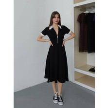 Livizmir Moda Kadın Polo Yaka Fermuar Detaylı Modal Midi Elbise
