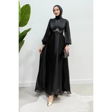 Tesettür Diyarı Mosera Janjan Kumaş Beli Taşlı Tesettür Abiye- Siyah