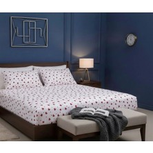 More Home Tek Kişilik Lastikli Çarşaf  Seti + Yastık Kılıf Kalp Desenli Beyaz Kırmızı