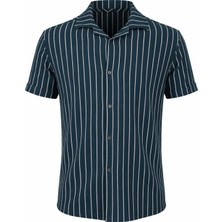 Trender Krep Çizgili Petrol Erkek Gömlek Zartem