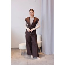 Elzem Boutique Kahverengi Saten Kemerli Kot Takım