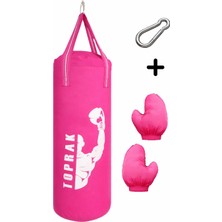 Toprak Sport   eldiven ve Karabina + Pembe Renk Çocuk Boks Torbası 7-9 Yaş Için 50X20 cm Içi Dolu Toprak Sport