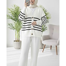 Moda Morfo Çift Cepli Çizgili Düğmeli Hırka -Ekru