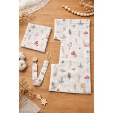 Two Child Çok Amaçlı Çift Katlı Müslin Omuz Örtüsü ,ağız Silme Mendili ve Ahşap Emzik Askısı, 3'lü Set