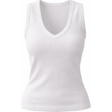 Akabi Online Kadın Beyaz V Yaka Kolsuz Slim Fit Ribana Tişört %100 Pamuk Günlük Basic Atlet
