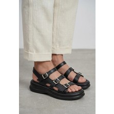 Giamgia Store Kadın Siyah Kalın Taban 3 Bantlı Tokalı Rahat Günlük Sandalet
