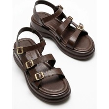 Giamgia Store Kadın Kahverengi  Kalın Taban 3 Bantlı Tokalı Rahat Günlük Sandalet