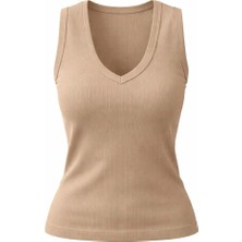 Akabi Online Kadın Taupe V Yaka Kolsuz Slim Fit Ribana Tişört %100 Pamuk Günlük Basic Atlet