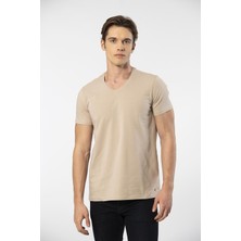 Cacharel Erkek V Yaka Likralı T-Shirt 1332/BEJ