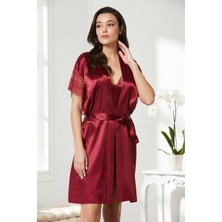 Pierre Cardin Bordo Saten Dantelli Gecelik Sabahlık Takım 4438