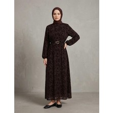 Miostil Flok Baskılı Tül Elbise-Kahve