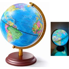 Authentic Şarjlı Led Aydınlatmalı Işıklı Dünya Küre Ahşap Kaide Metal Eksen 32cm