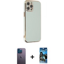Marsilyan™- iPhone 12 Pro Max Kılıf Yankı Serisi - Siyah 34D Izgaralı Cam + Mavi Neon Fosforlu Kamera Lens