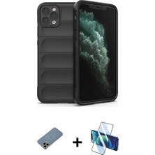 Marsilyan™- iPhone 11 Pro Kılıf Atlas Koleksiyonu - Siyah 3D Antistatik Seramik Nano Ekran Koruyucu + Gold Shine Kamera Lens Koruma Cam