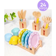 Nilberry Ahşap Mutfak Seti Çocuk Yemek ve Sofra Oyuncak Seti Rol Oyunu Oyuncağı Tabak Bardak Çatal Kaşık Seti