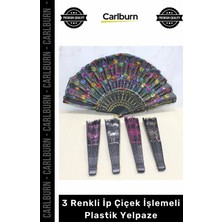 Carlburn Özel Üretim Model 3 Renkli Ip Çiçek Işlemeli Katlanabilir Taşınabilir Şık Dekoratif Plastik Yelpaze