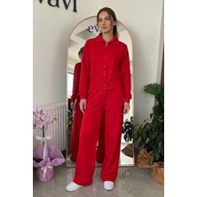 Evavi Kadın Kırmızı Fermuarlı Sweatshirt Ceket ve Eşofman Altı Takımı